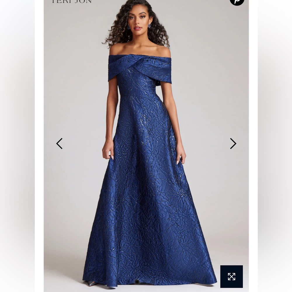 Teri Jon Navy Off-the-Shoulder Jacquard A-Line Gown